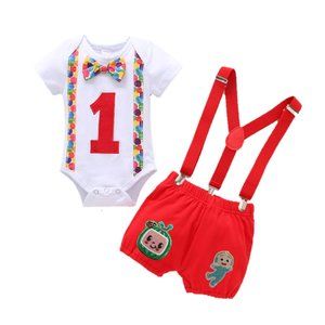 Cocomelon Boy Smash Cake First Birthday Outfit Clothes Suspenders Watermelon